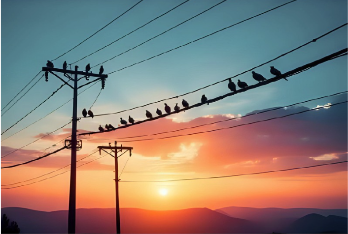 Birds sitting on a telephone wire in the sunset to symbolize getting in touch or contacting me about my AI-generated transcript editing and proofreading services