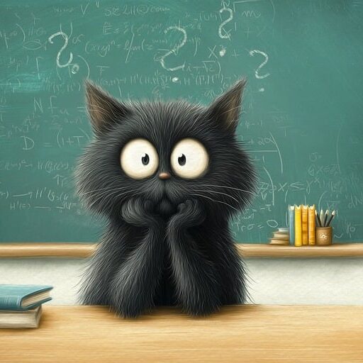 A cute black cat with its elbows on a desk in front of a schoolboard with question marks around its head to symbolize that people are welcome to contact me about my AI-generated transcription editing and proofreading services