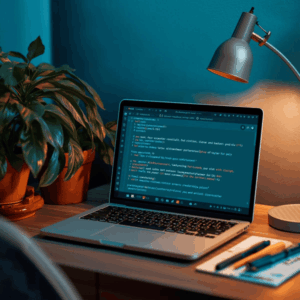 A Desk With Laptop Plant Lamp 300x300